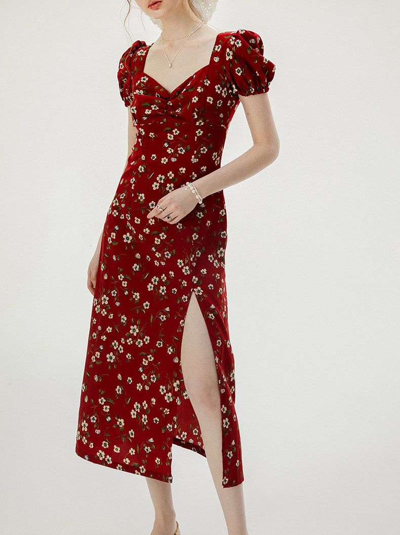 Vintage Floral Red Dress With Bubble Sleeves