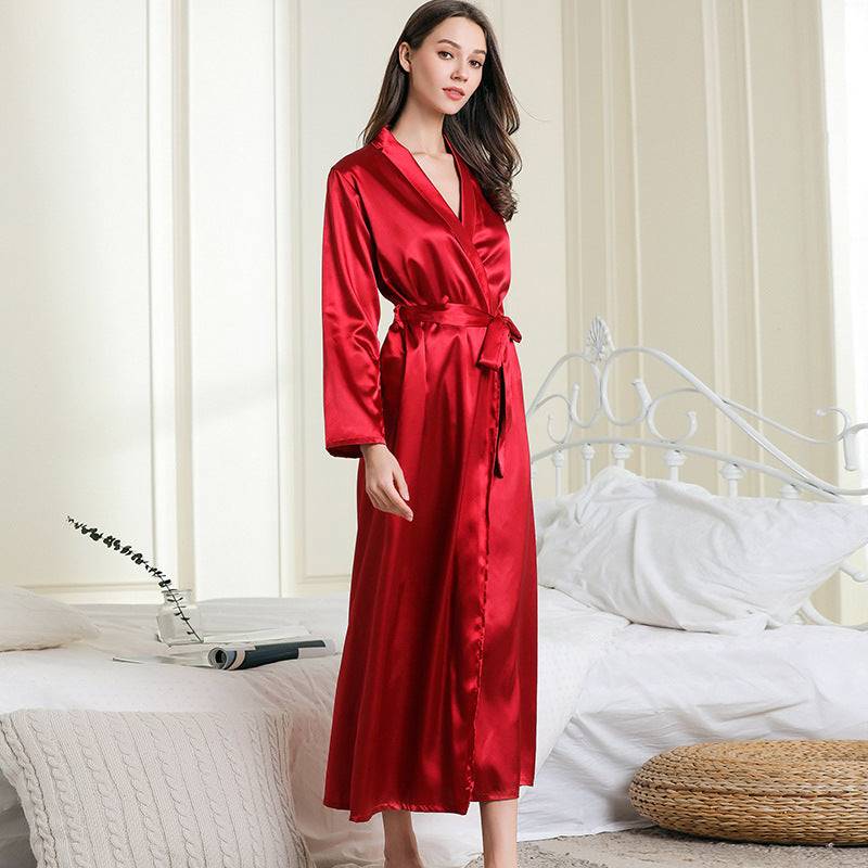 Faux Silk Lapel Long Nightgown Sexy Lace-up Pajamas