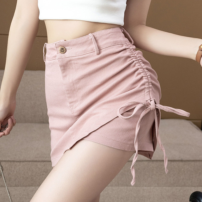 High waisted slim fit irregular A-line skirt, fashionable pleated elastic skirt pants