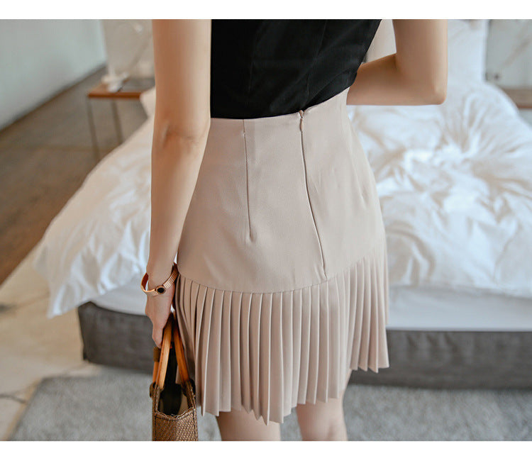 V-neck Sleeveless Shirt High Waist Pleated Skirt Two-piece Set