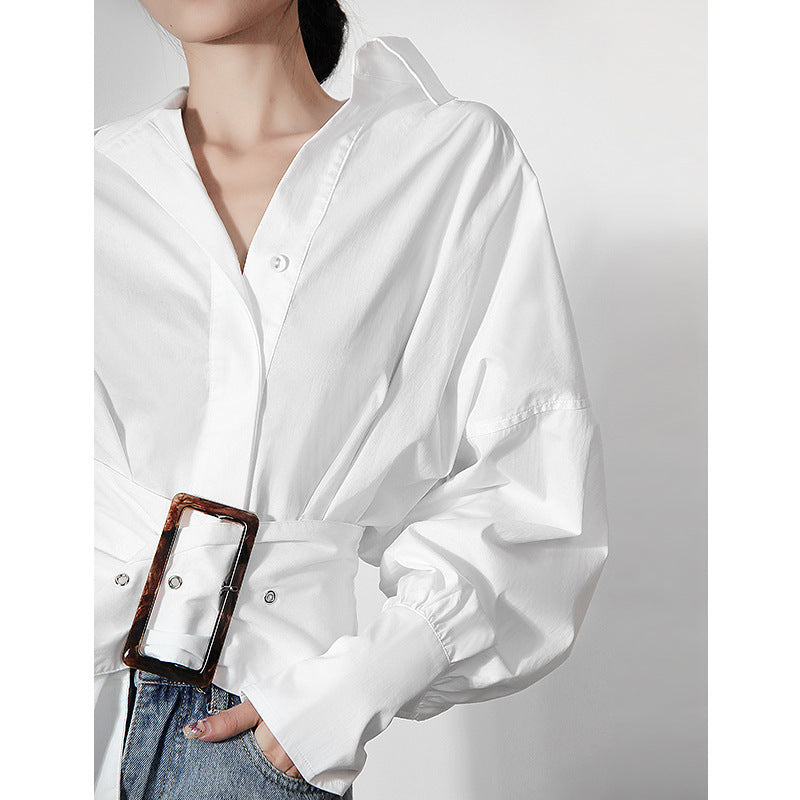 White shirt belt design niche long sleeved shirt