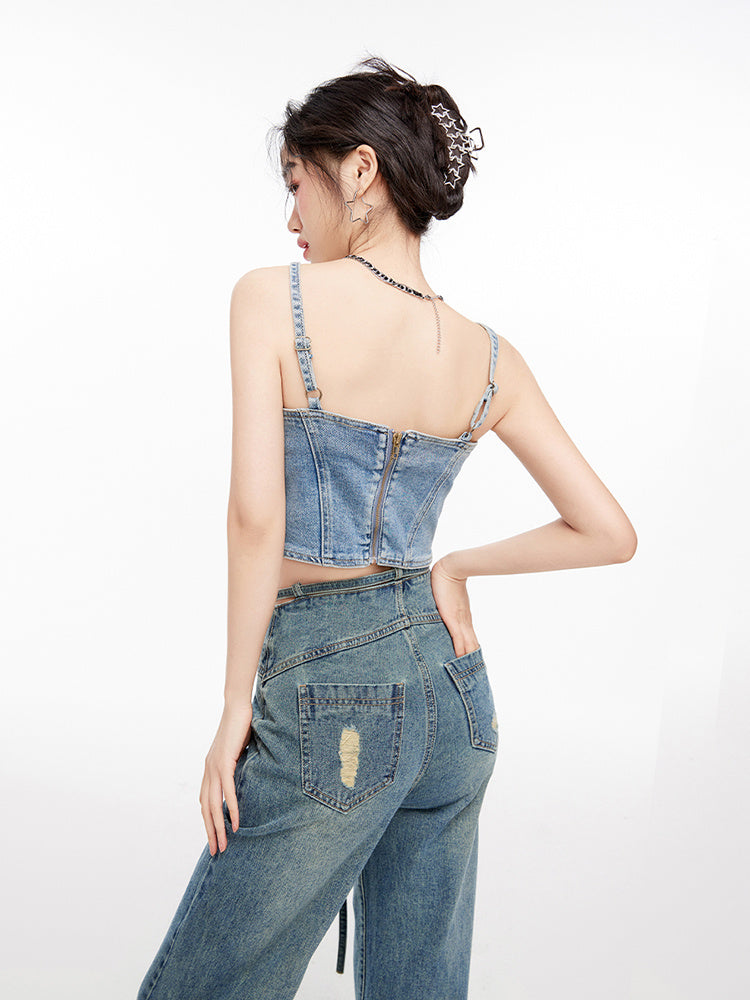 Women's lace up slim fit short denim vest