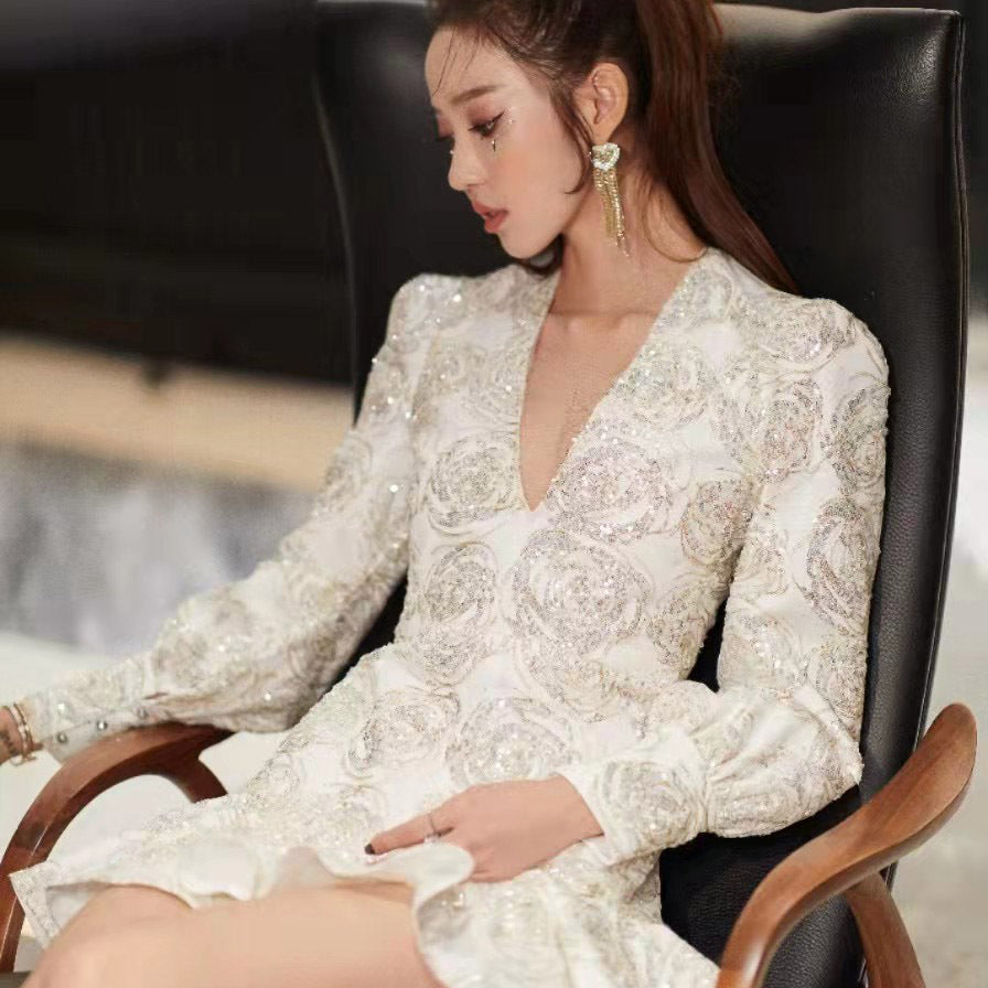 New Rose Sequins Western Style Light Luxury High Waist Dress Women