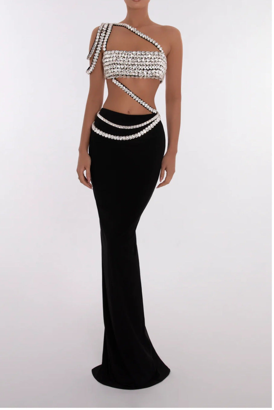 Summer Rhinestone Draping Shoulder Single Shoulder Shape Midriff Outfit Two-piece Dress