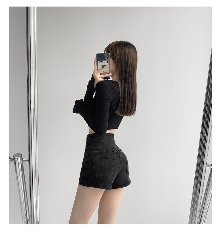 Small waist cross woven super high waist cinched denim shorts for women