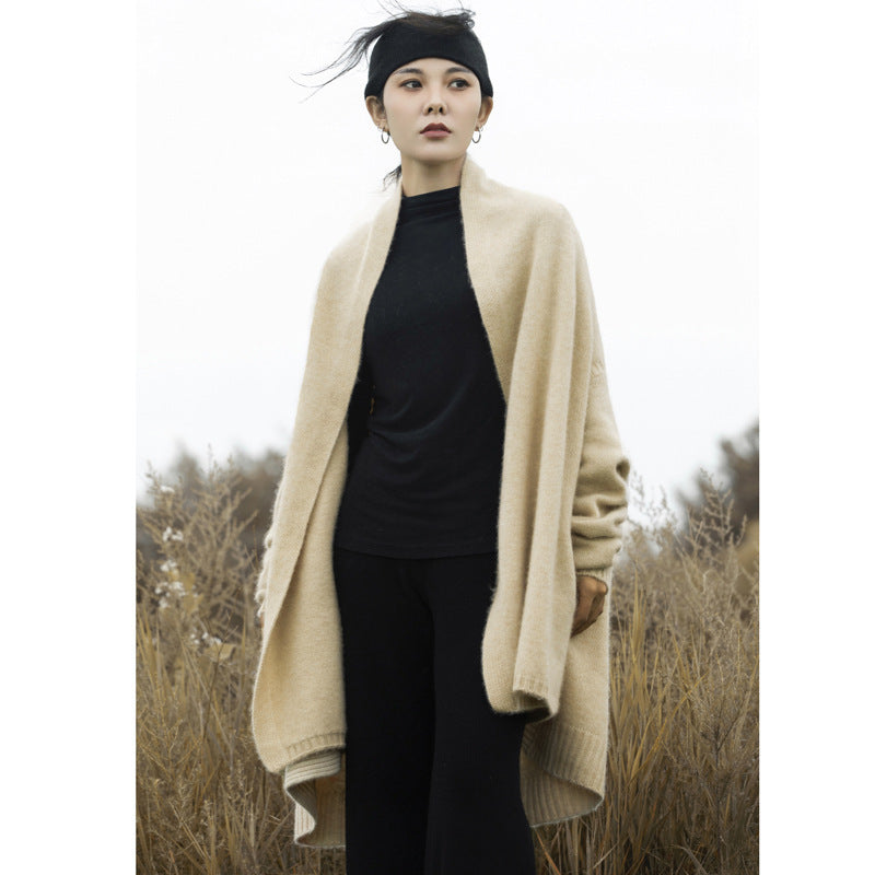 Lapel Drop Shoulder 100 Pure Wool Cardigan Coat Mid-length Autumn And Winter Thickened Heavy Knitted Cape Sweater