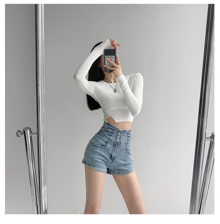 Small waist cross woven super high waist cinched denim shorts for women