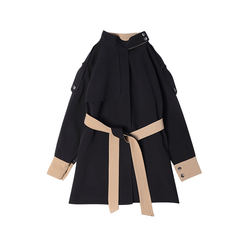 Women's British Fashion Cloak Style Contrast Color Lace-up Coat