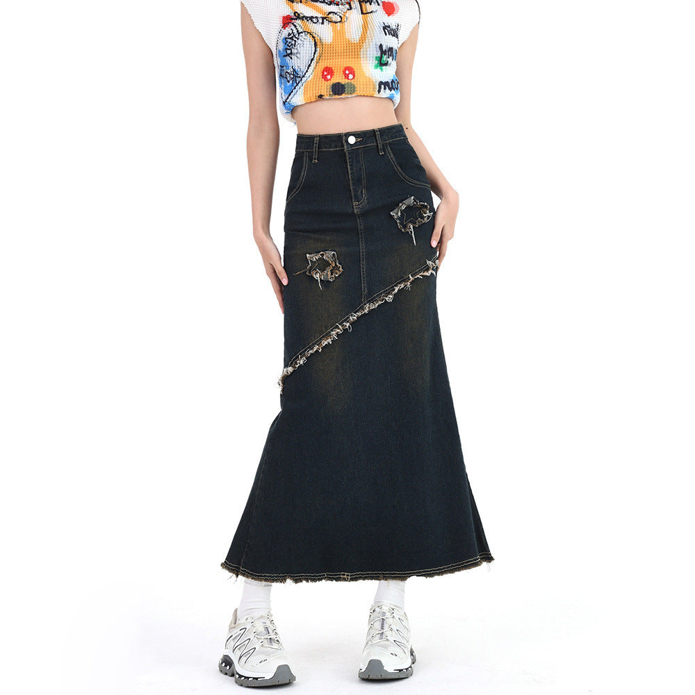 Retro Hot Girl High Waist Stretch A- Line Denim Skirt Women's Mid-length