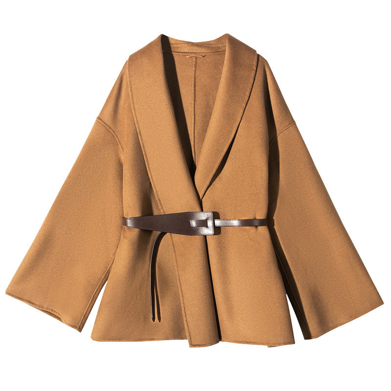 Double-faced cashmere coat with wool belt