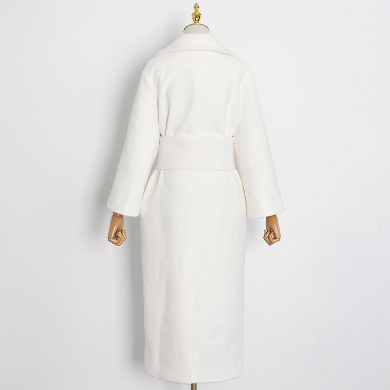 Lapel Waist White Mid-length Woolen Coat