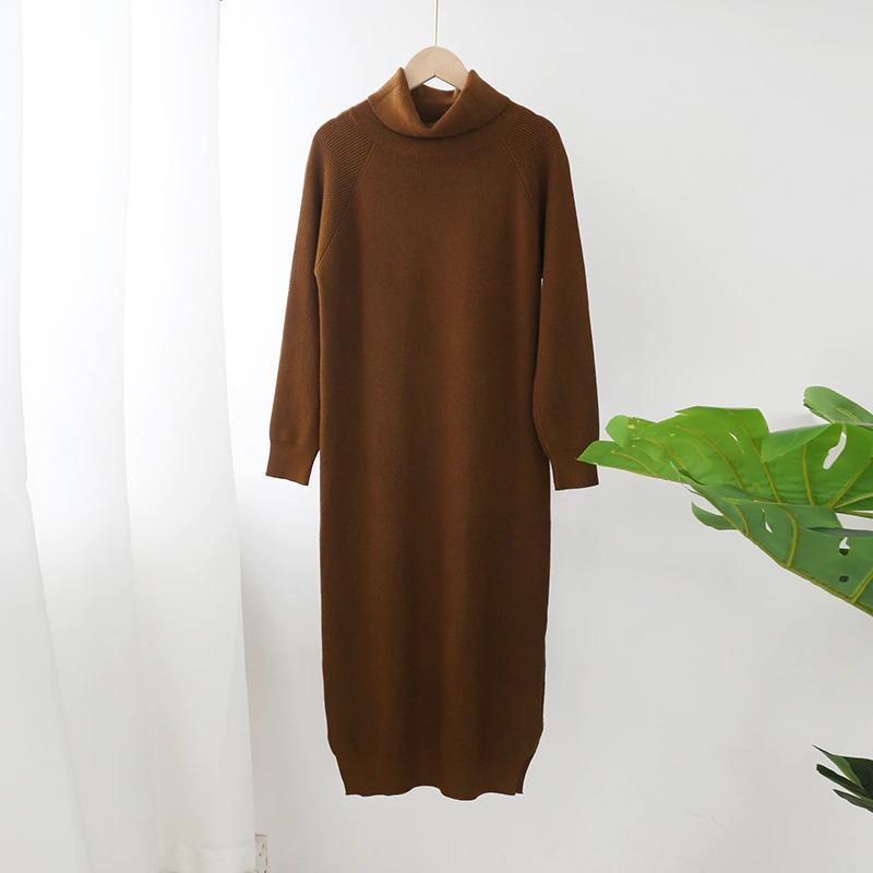 Loose high-necked thick warm knee-length sweater skirt