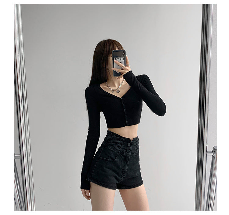 Small waist cross woven super high waist cinched denim shorts for women