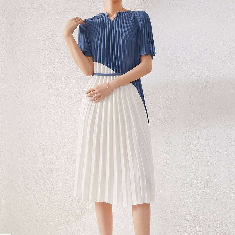 Color-block Design Pleated Skirt Short-sleeved Slim Mid-length Skirt