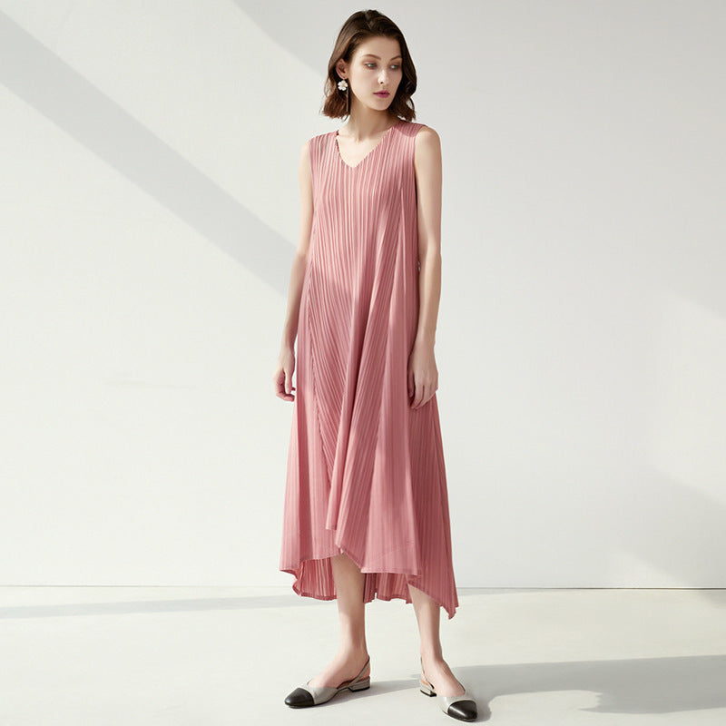 Fashionable And Simple Pleated Big Hem Lace-up Dress