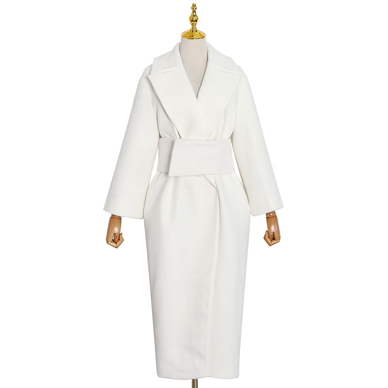 Lapel Waist White Mid-length Woolen Coat