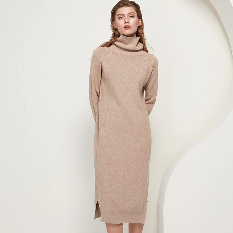 Loose high-necked thick warm knee-length sweater skirt