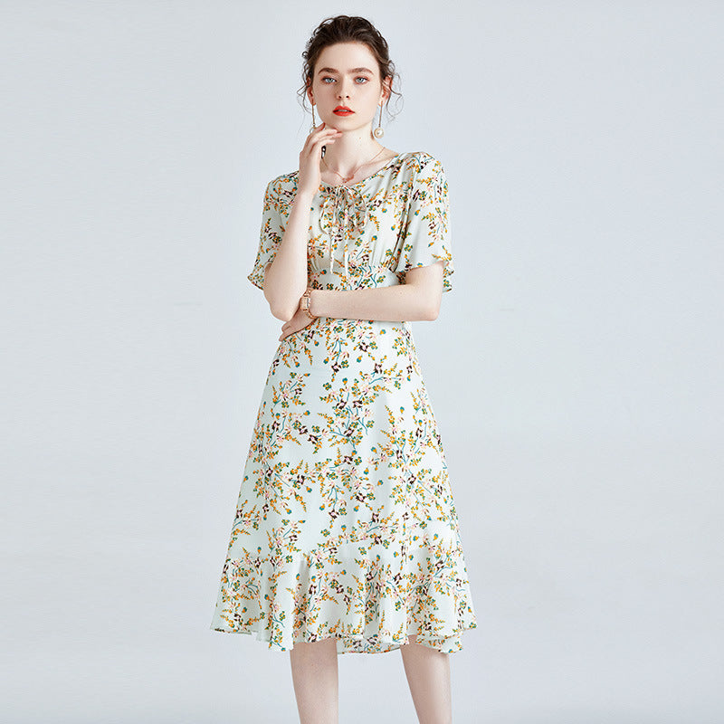 Silk Dress High-end Printed Short Sleeve French Style