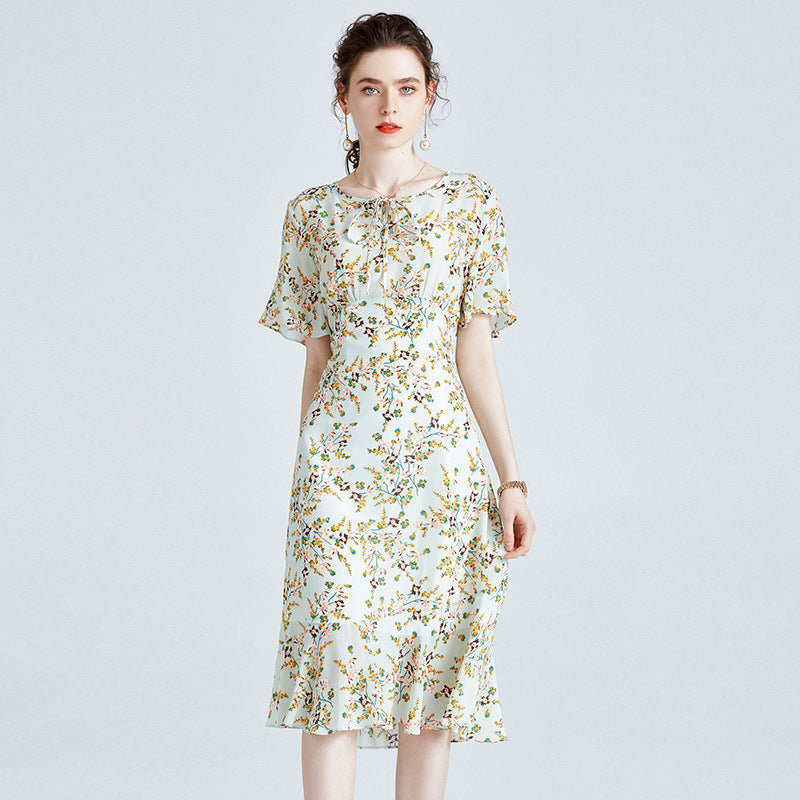 Silk Dress High-end Printed Short Sleeve French Style