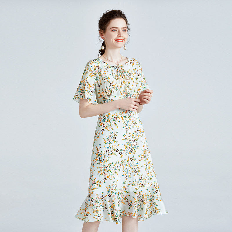 Silk Dress High-end Printed Short Sleeve French Style