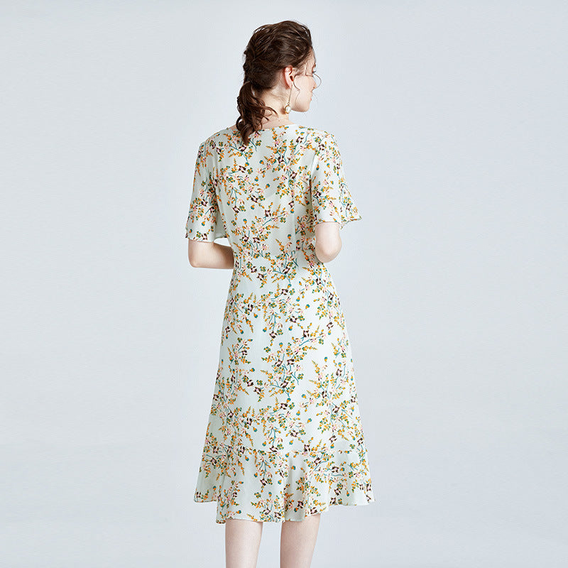 Silk Dress High-end Printed Short Sleeve French Style