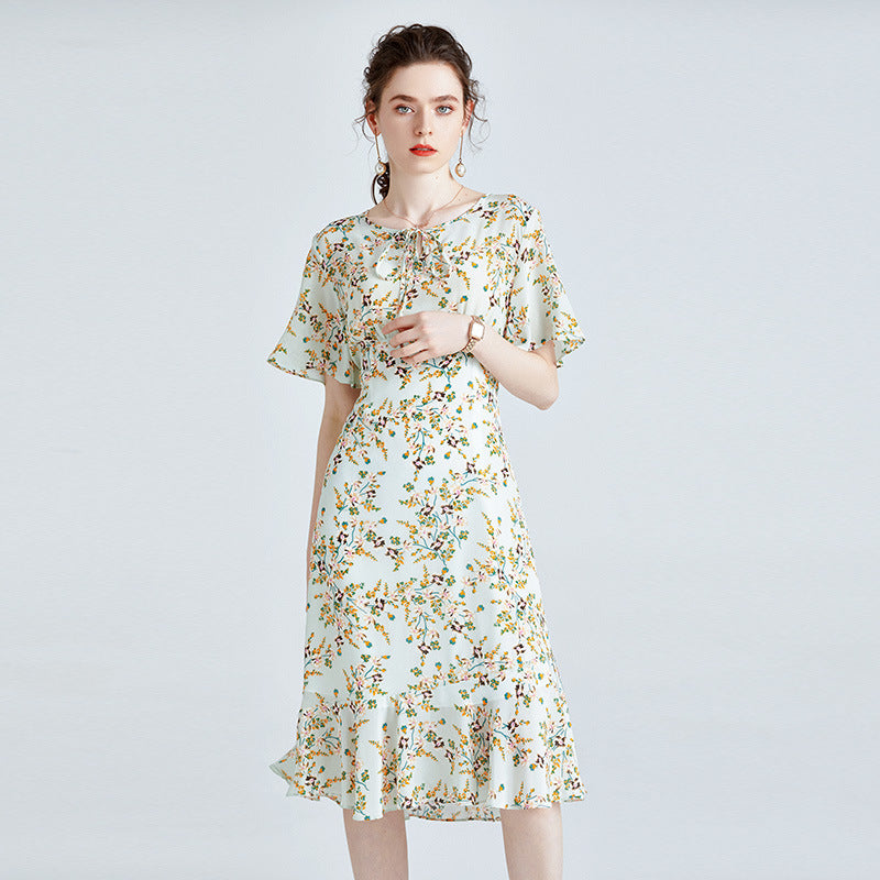 Silk Dress High-end Printed Short Sleeve French Style