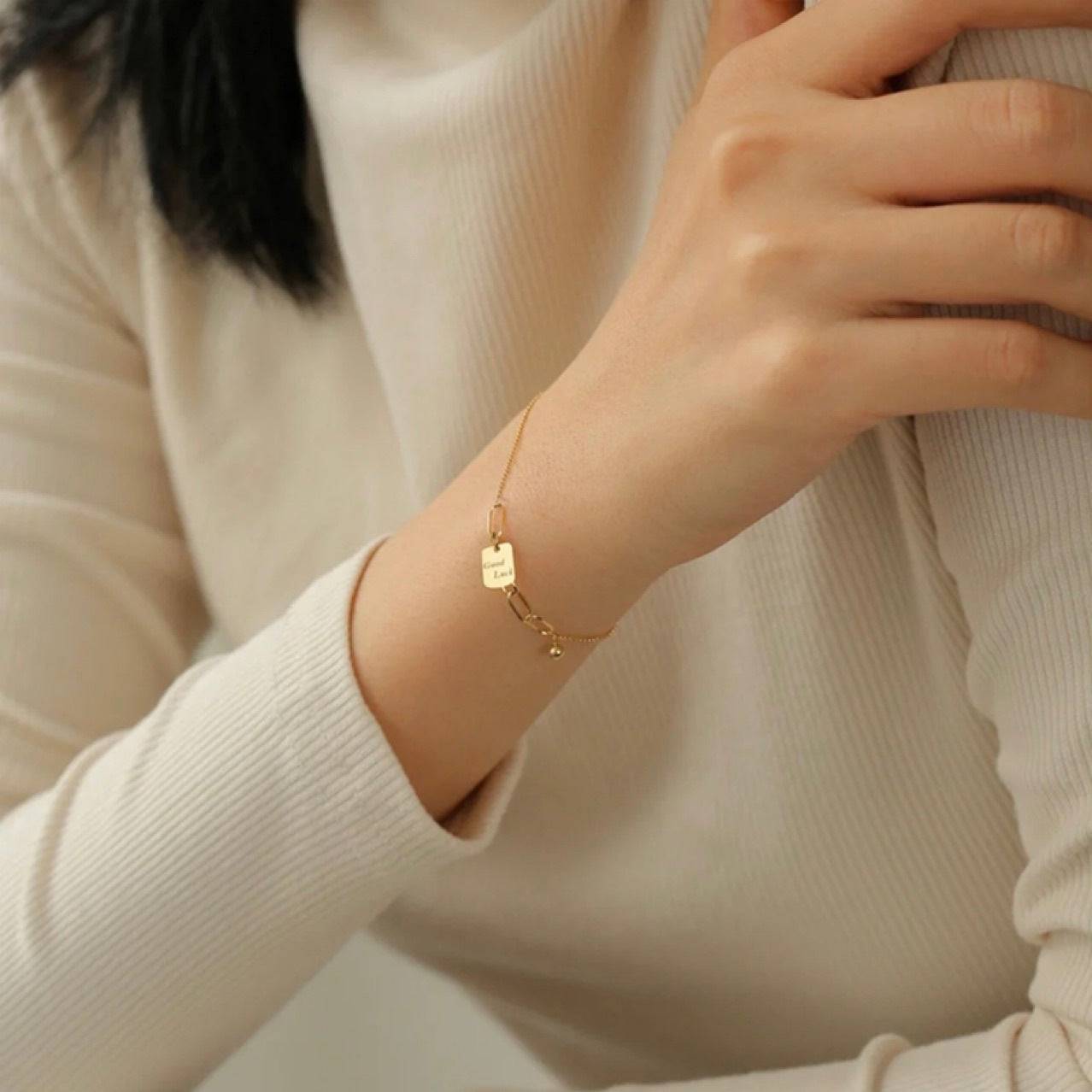 18K Gold Square Necklace Bracelet For Women