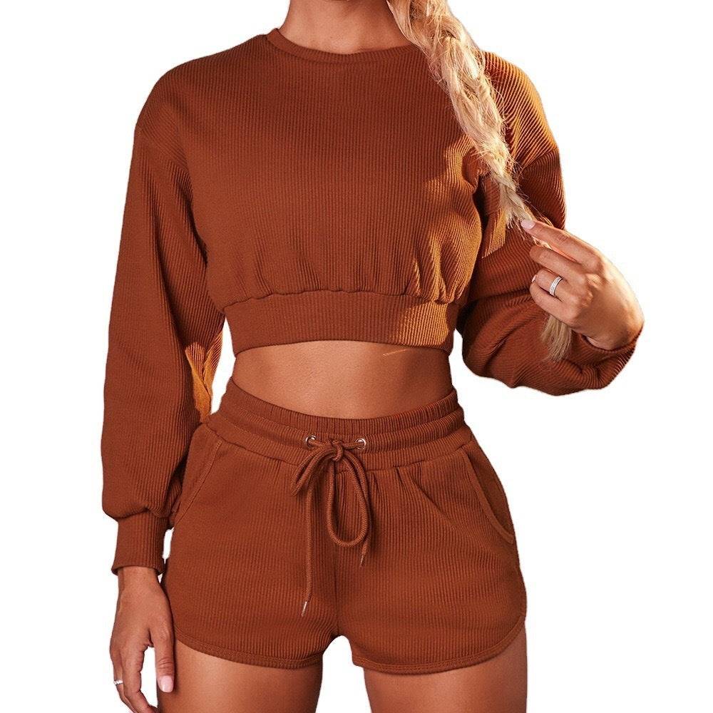 Fashion long sleeved shorts sports fitness two-piece set for women