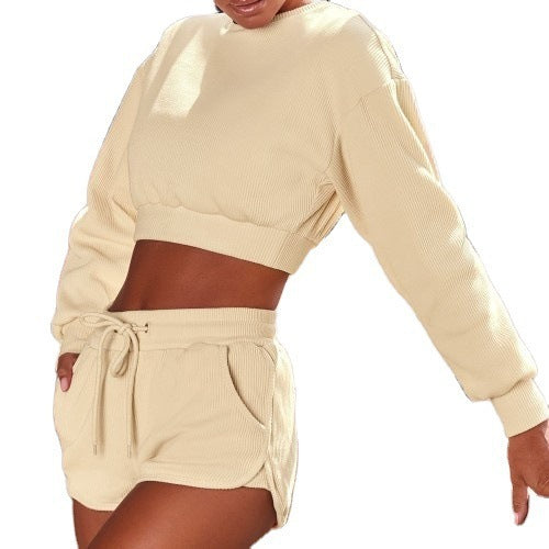 Fashion long sleeved shorts sports fitness two-piece set for women