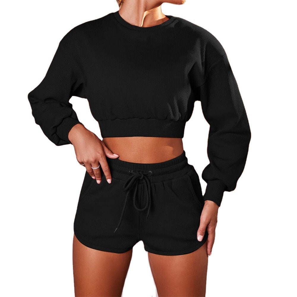 Fashion long sleeved shorts sports fitness two-piece set for women