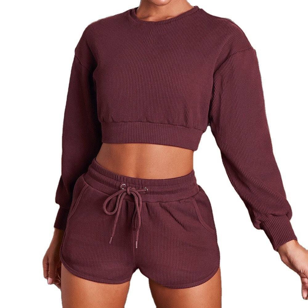 Fashion long sleeved shorts sports fitness two-piece set for women