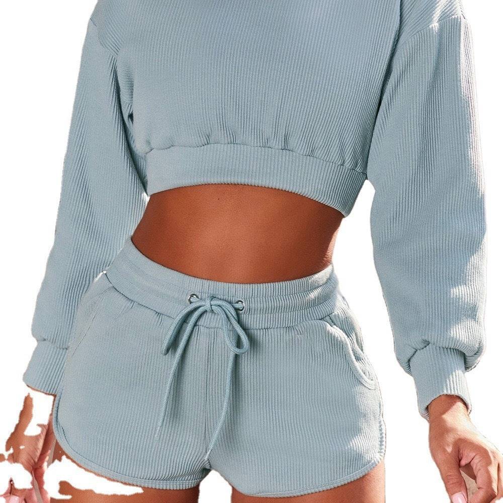 Fashion long sleeved shorts sports fitness two-piece set for women