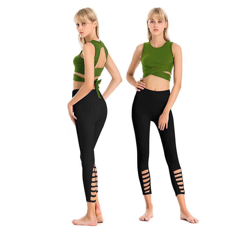 Summer Professional Yoga Clothing Suit Female Hollow Tight-Fitting Shockproof Bra Sexy Sports Fitness Nine-Point Pants