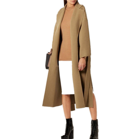 Retro minimalist lapel tie slim fit cashmere coat with long side slit wool coat