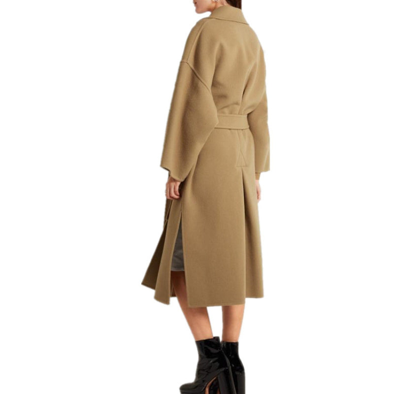 Retro minimalist lapel tie slim fit cashmere coat with long side slit wool coat