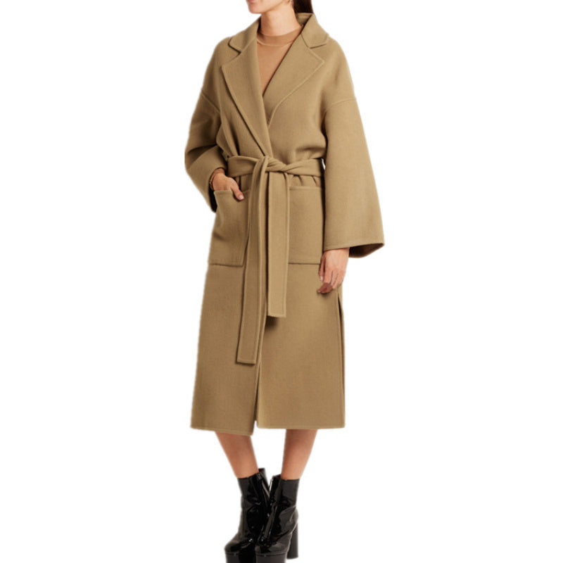 Retro minimalist lapel tie slim fit cashmere coat with long side slit wool coat