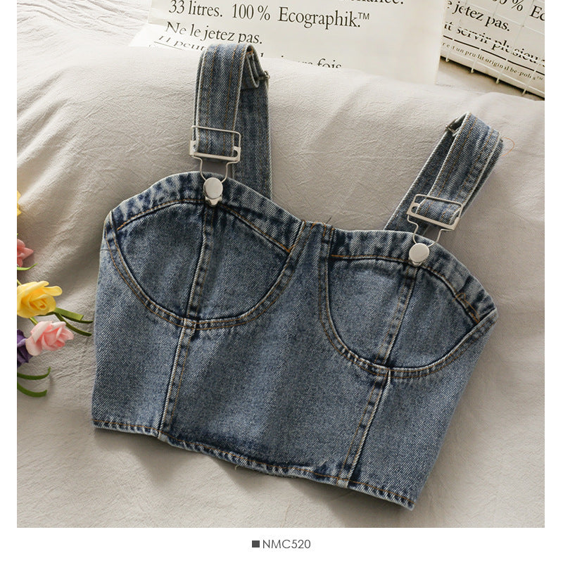 Korean Version Of The Short Cropped Umbilical Beauty Back All-Match Denim Vest Women's Spring And Summer Folds Slim Outer Wear Camisole