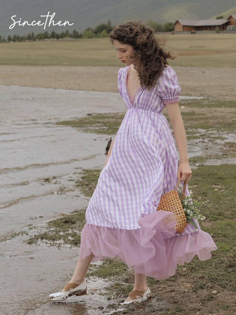 French Fairy Super Fairy Purple Plaid Forest Sweet Long Dress