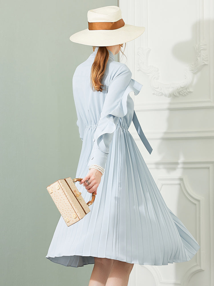 Elegant long sleeved dress with pleated skirt design