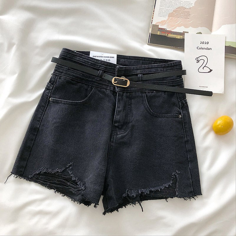 Korean Style High Waist Loose Retro Female A-line Ripped Denim Wide-leg Shorts