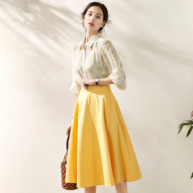 Three-piece Suit Of Fashionable Temperament Printed Shirt With Suspenders And Half Skirt