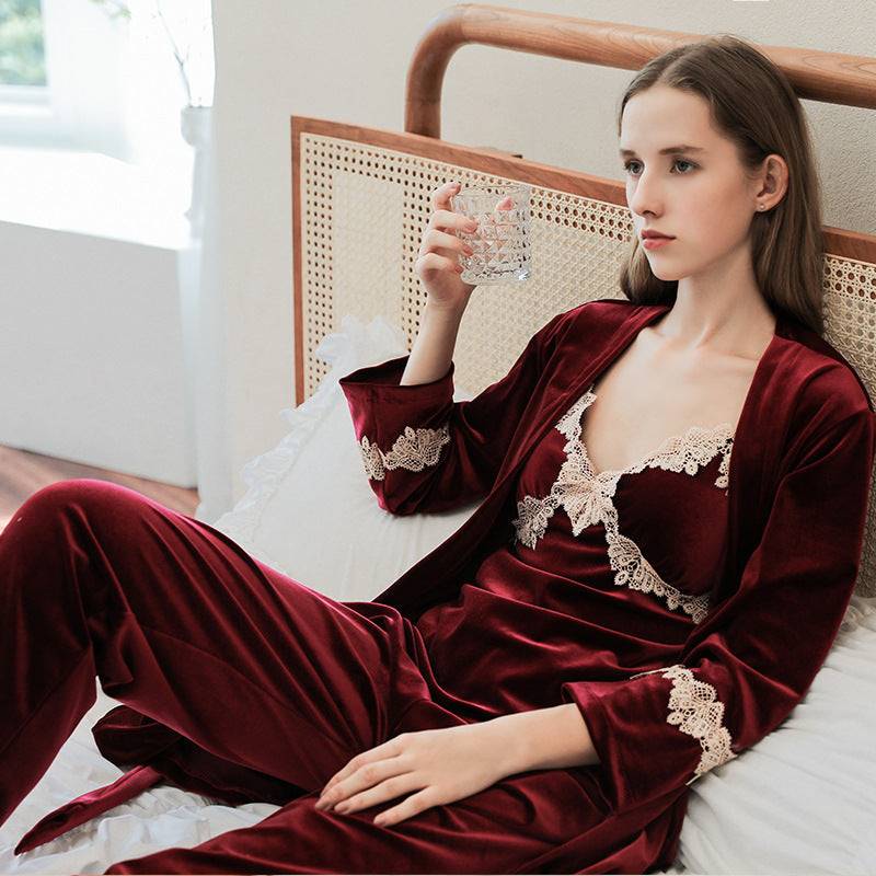 Gold Velvet Pajamas Women's Products Sexy Sling Nightgown Three-piece