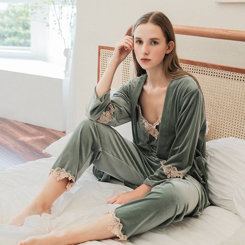 Gold Velvet Pajamas Women's Products Sexy Sling Nightgown Three-piece