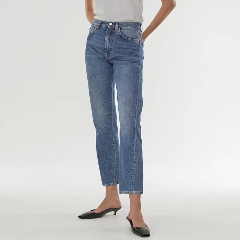 European and American high waisted elastic twisted straight leg seven quarter jeans