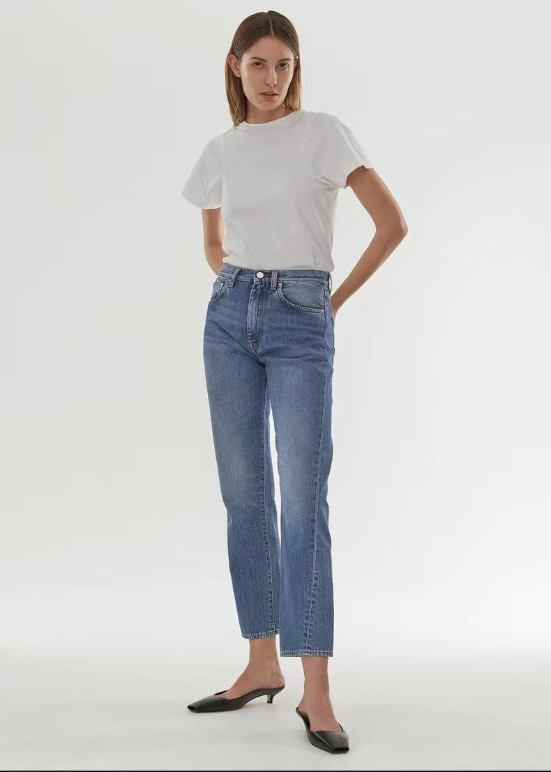 European and American high waisted elastic twisted straight leg seven quarter jeans