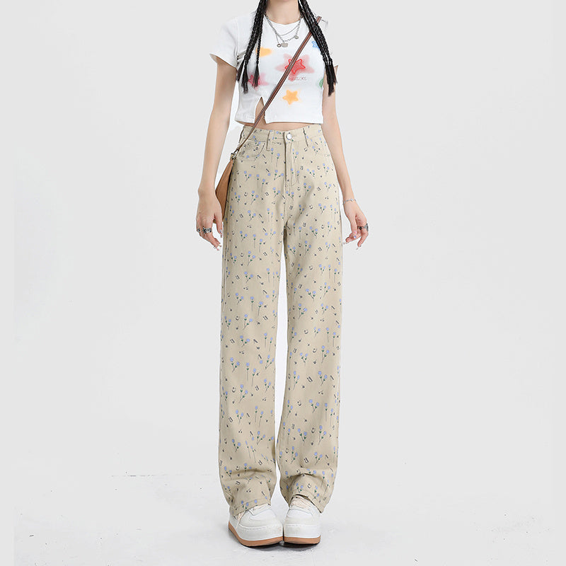 Vintage Floral High Waist Jeans Women's Wide Leg Straight Casual Pants