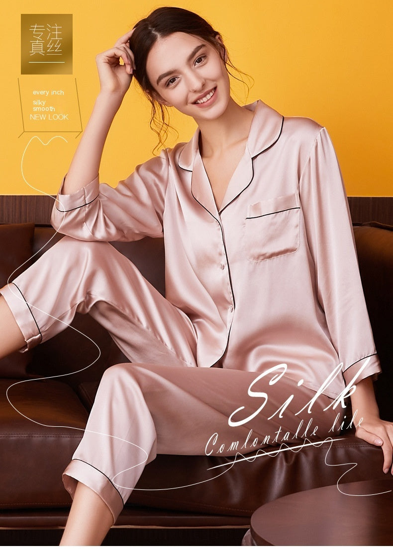 Women's Silk Pajamas Summer Long-sleeve Two-piece Set Mulberry Silk Couple Home Wear