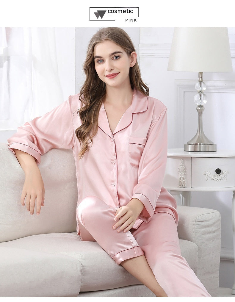 Women's Silk Pajamas Summer Long-sleeve Two-piece Set Mulberry Silk Couple Home Wear