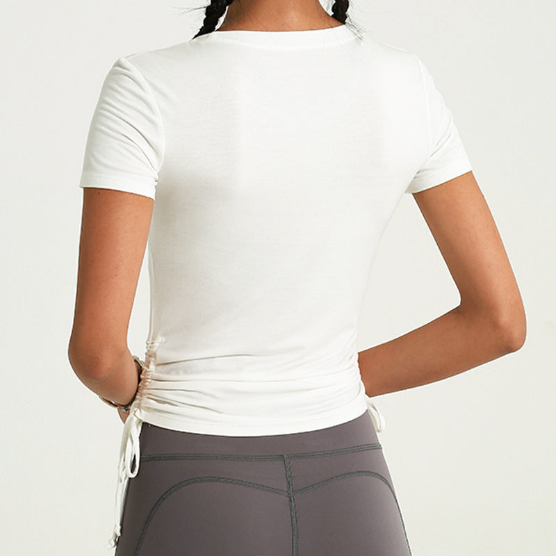 Drawstring yoga short-sleeved sports top