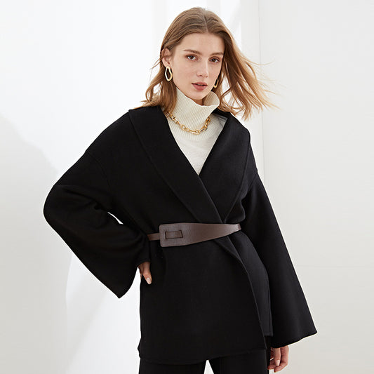 Double-faced cashmere coat with wool belt